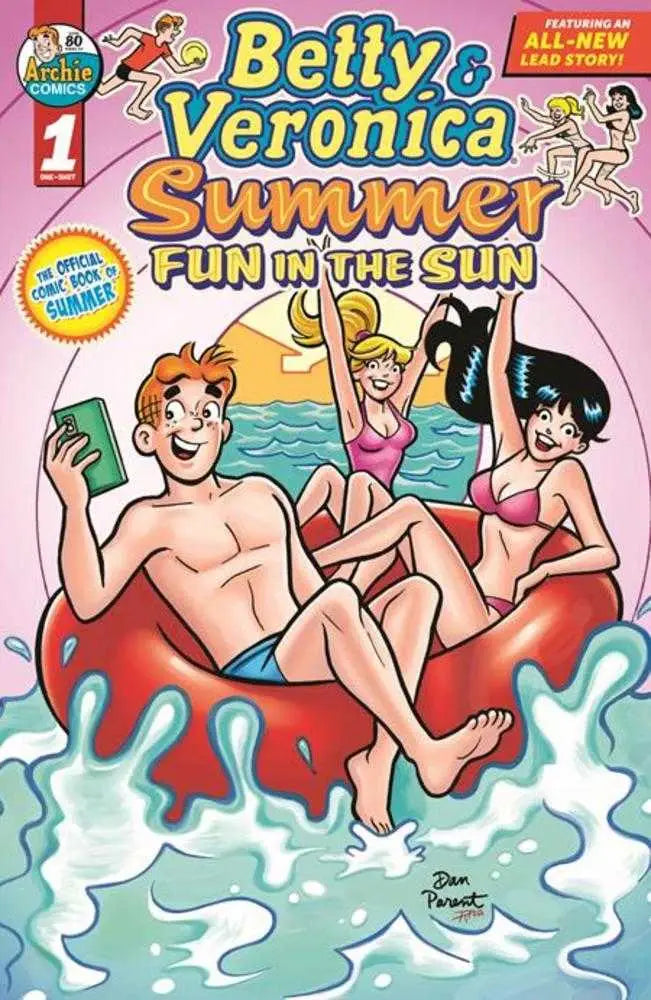 Comic book cover featuring Betty Veronica and Archie enjoying summer fun on a water slide