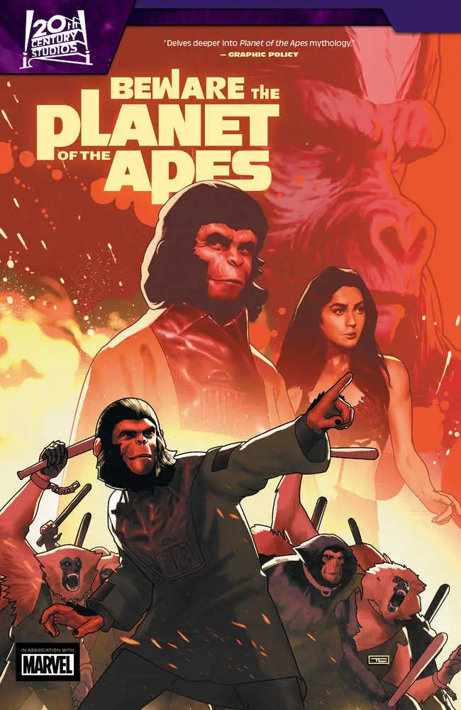 Comic book cover of Beware Planet of the Apes with apes and orange sky, ideal for trading cards