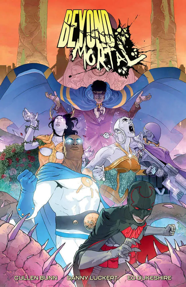 Dynamic comic book cover for Beyond Mortal with action-packed characters and vibrant colors