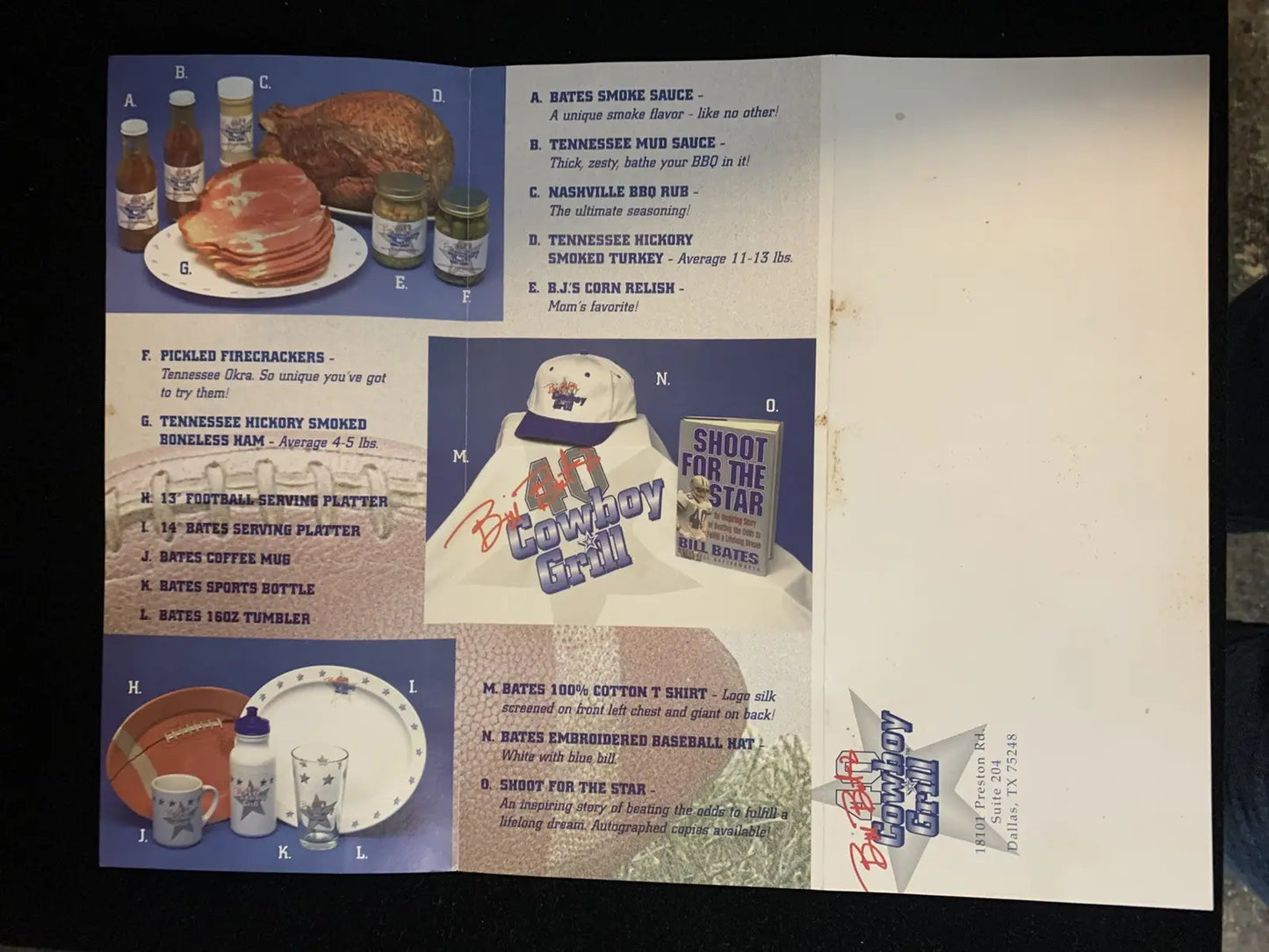 Product catalog page featuring Bill Bates Signed Dallas Cowboys Grill Menu with Jason Garrett and Chris Bonoil