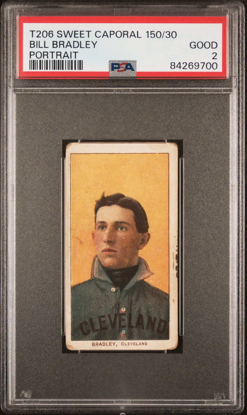 PSA-graded T206 Sweet Caporal baseball card in protective holder for Bill Bradley