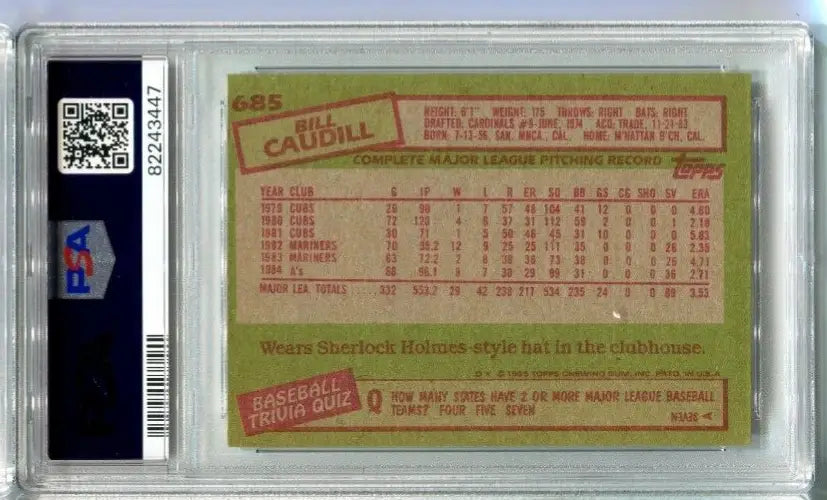 Graded Bill Caudill 1985 Topps PSA/DNA 8 Auto 7 Oakland A’s trading card