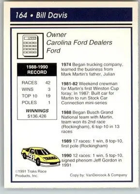 Bill Davis - 1991 Traks - #164 - RC Racing - Racing Card Single