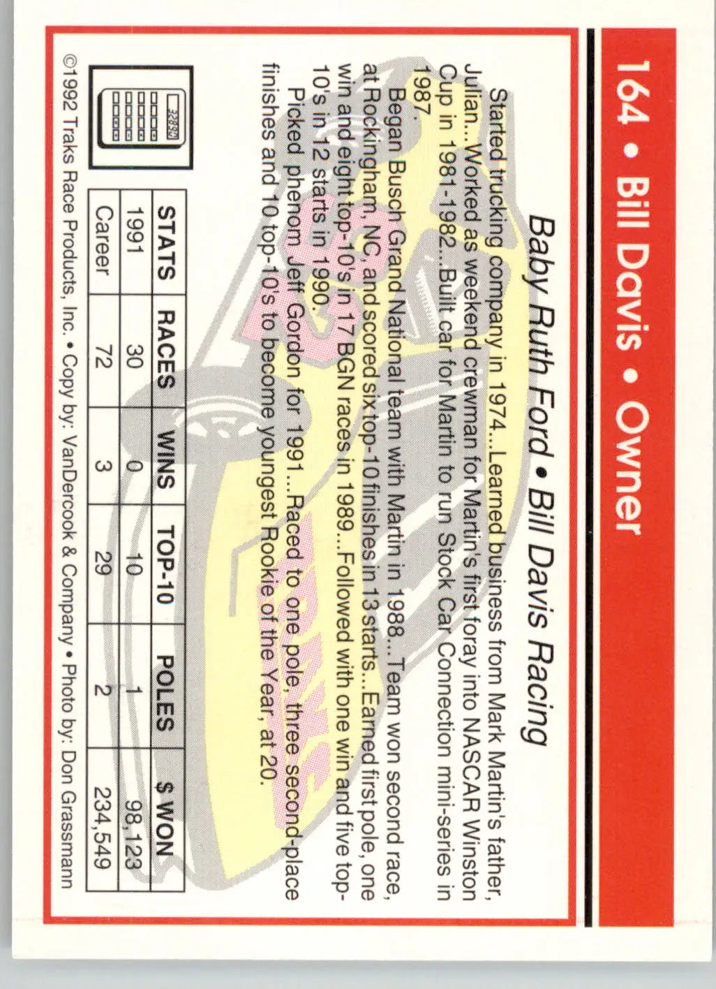 Bill Davis - 1992 Traks - #164 - Racing - Racing Card Single