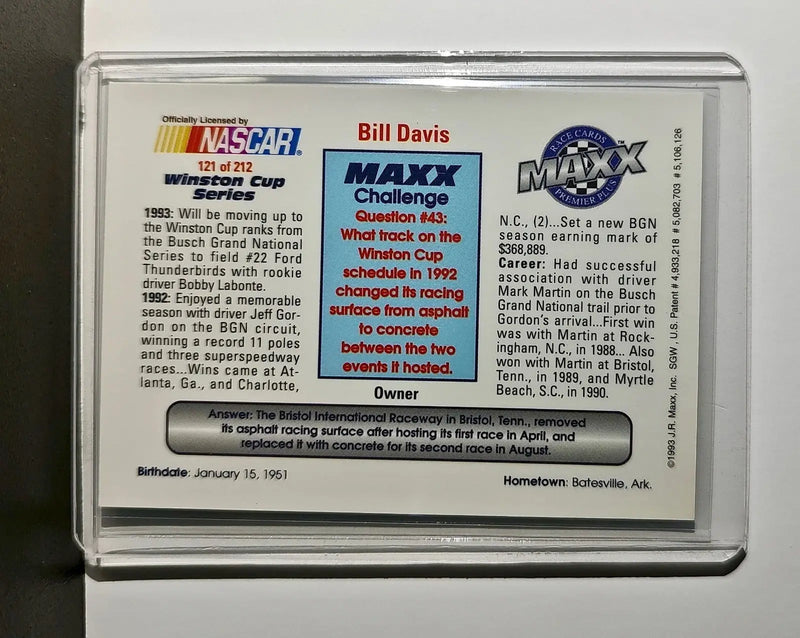 Bill Davis 1993 Maxx Premier Plus Racing #121 NASCAR Card Bill Davis Racing