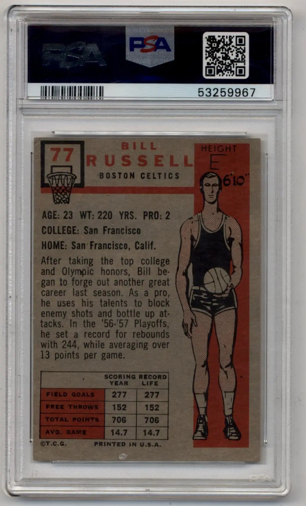 Bill Russell 1957-58 Topps #77 PSA 4 (MC) Very Good-Excellent - Basketball Card Single