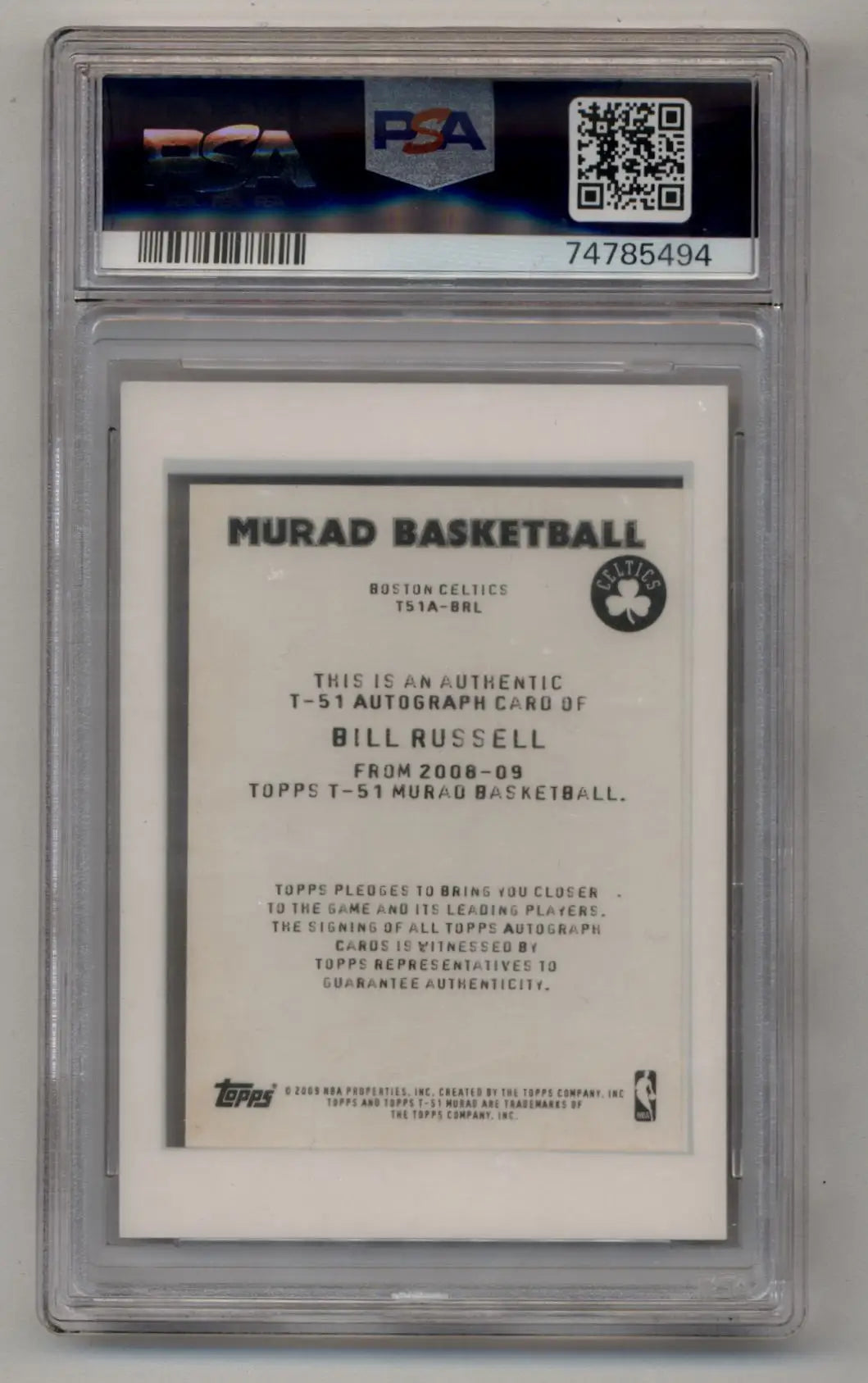 PSA-graded Bill Russell 2008-09 Topps T-51 Murad Auto in protective case with back text