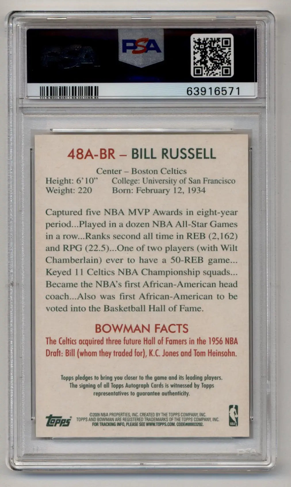 Bill Russell 2009-10 Bowman ’48 Auto #48ABR PSA 10 Gem Mint Auto 10 - Basketball Card Single