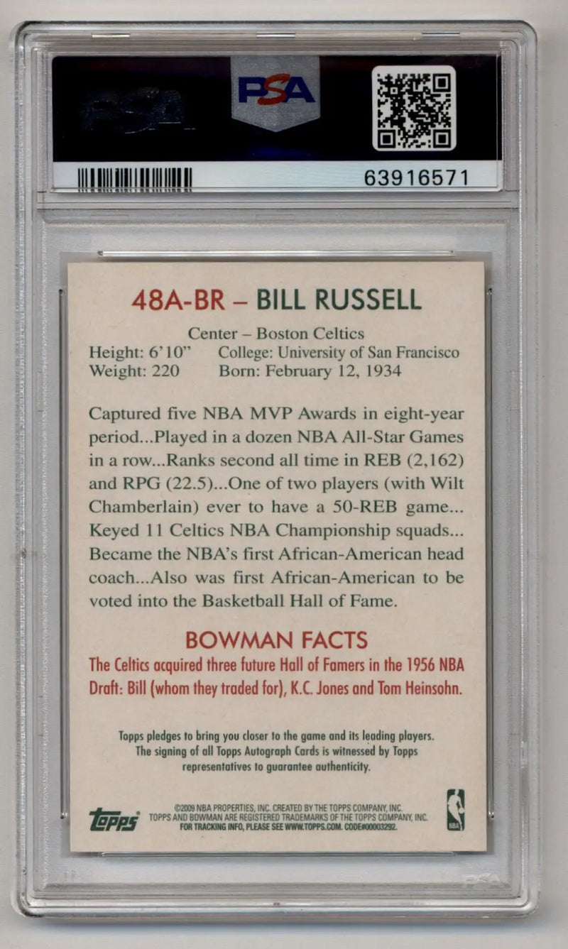 Bill Russell 2009-10 Bowman ’48 Auto #48ABR PSA 10 Gem Mint Auto 10 - Basketball Card Single