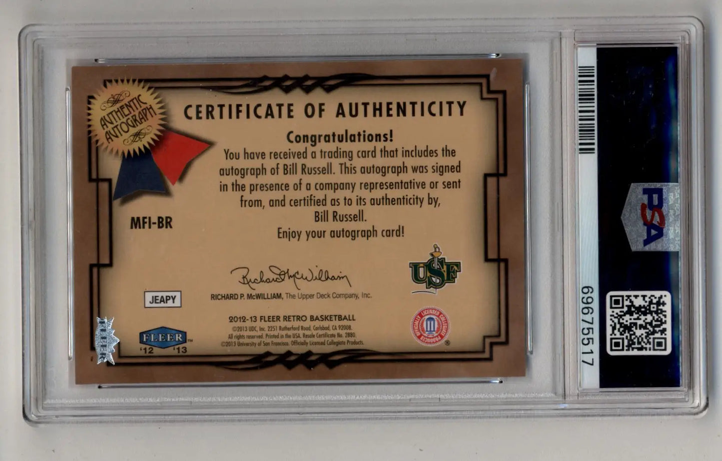 Bill Russell 2012-13 Fleer Retro Mystique Fresh Ink Auto PSA 10 Gem Mint Auto 10 - Basketball Card Single