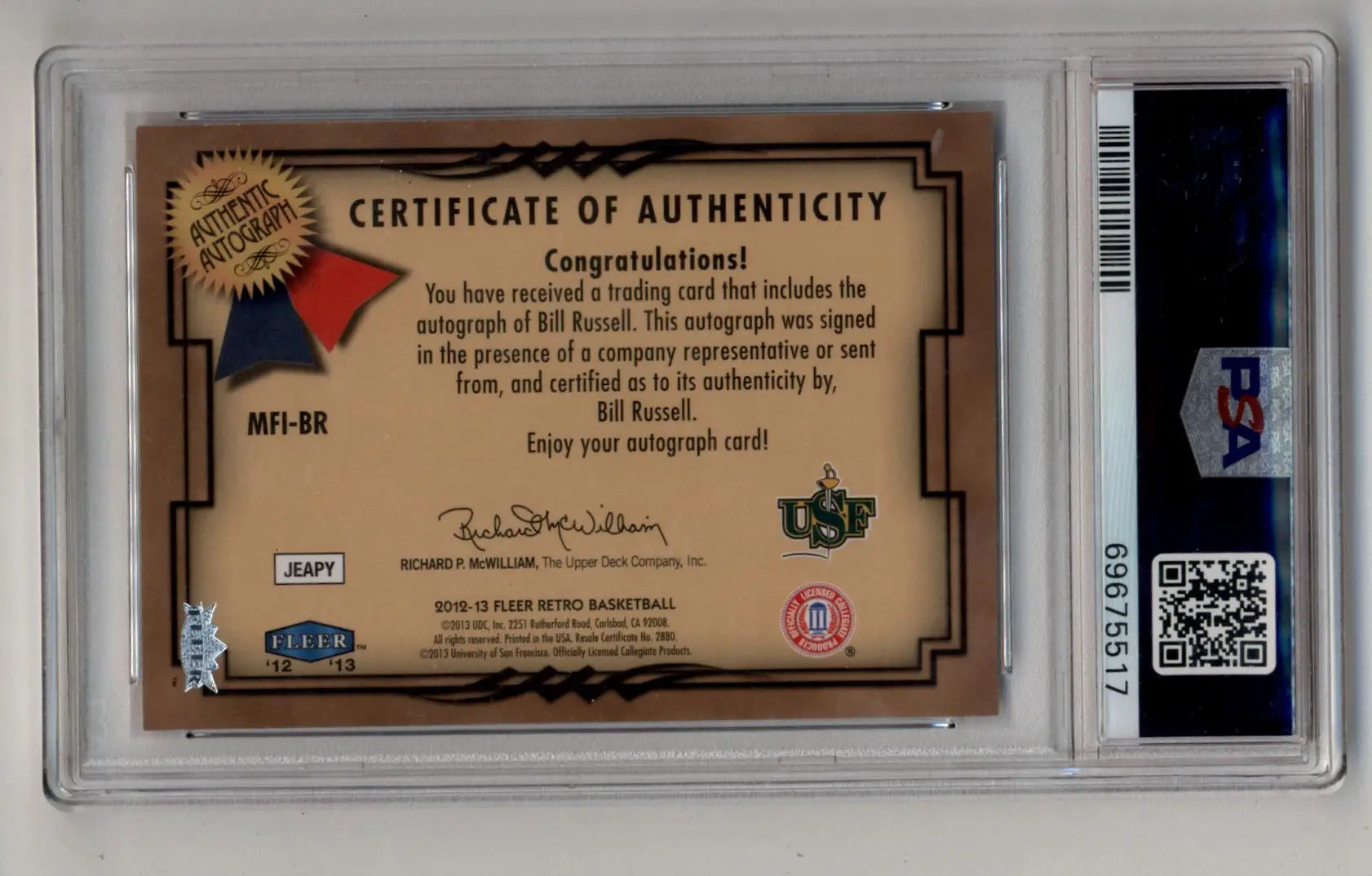 Bill Russell 2012-13 Fleer Retro Mystique Fresh Ink Auto PSA 10 Gem Mint Auto 10 - Basketball Card Single