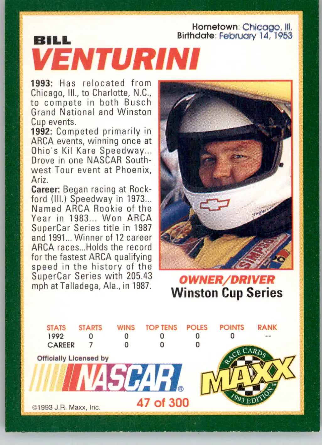 Bill Venturini - 1993 Maxx - #47 - Racing - Racing Card Single