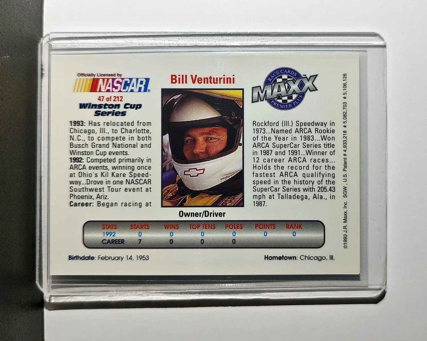 Bill Venturini 1993 Maxx Premier Plus Racing #47 NASCAR Venturini Motorsports - Racing Card Single