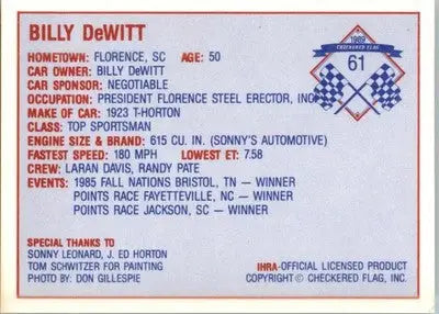 Billy DeWitt - 1989 Checkered Flag IHRA - #61 - Racing - Racing Card Single