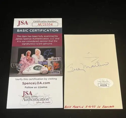 Billy Martin Autographed Trading Card with JSA COA for NY Yankees Collectors