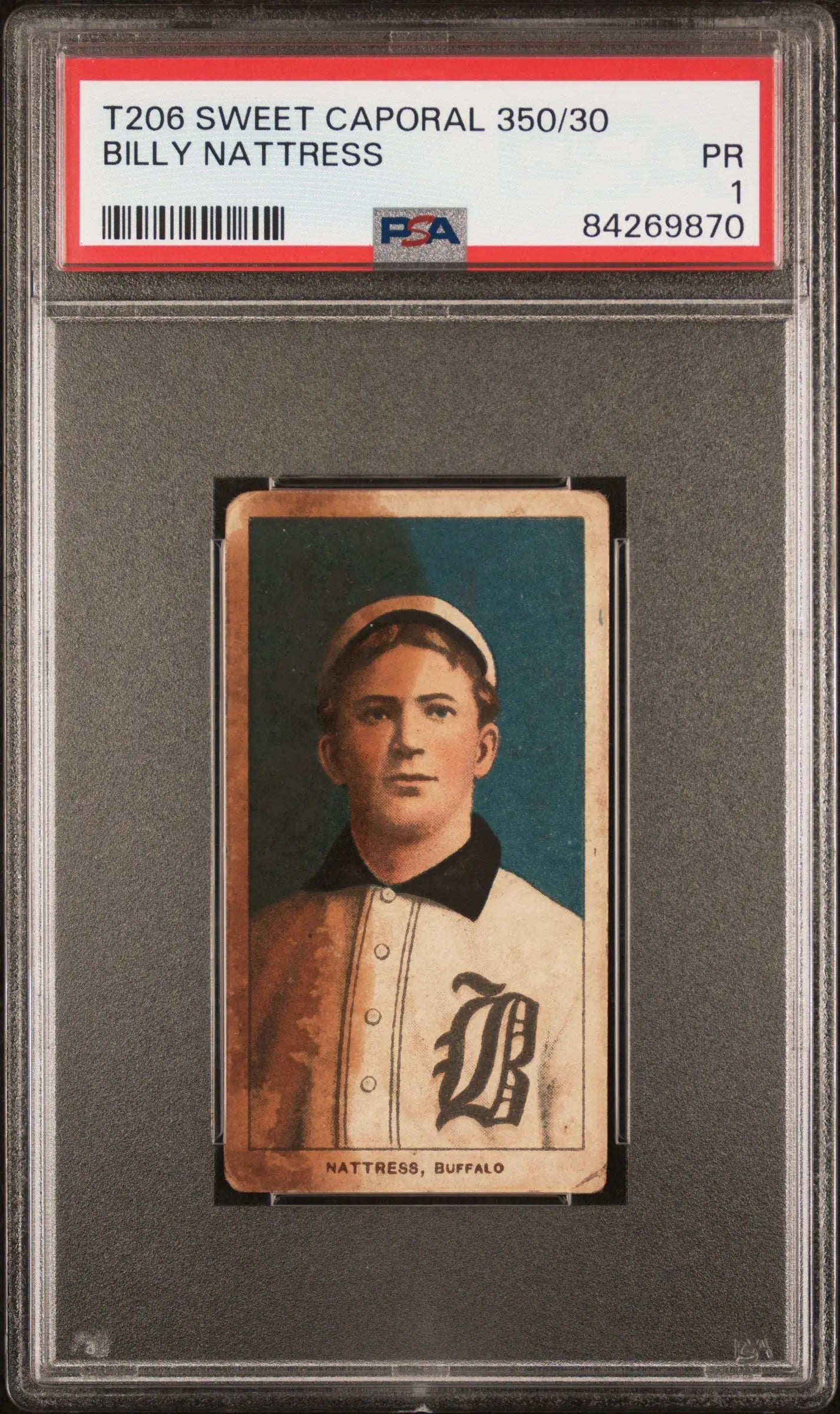 Vintage T206 Sweet Caporal Billy Nattress baseball card featuring Buffalo player