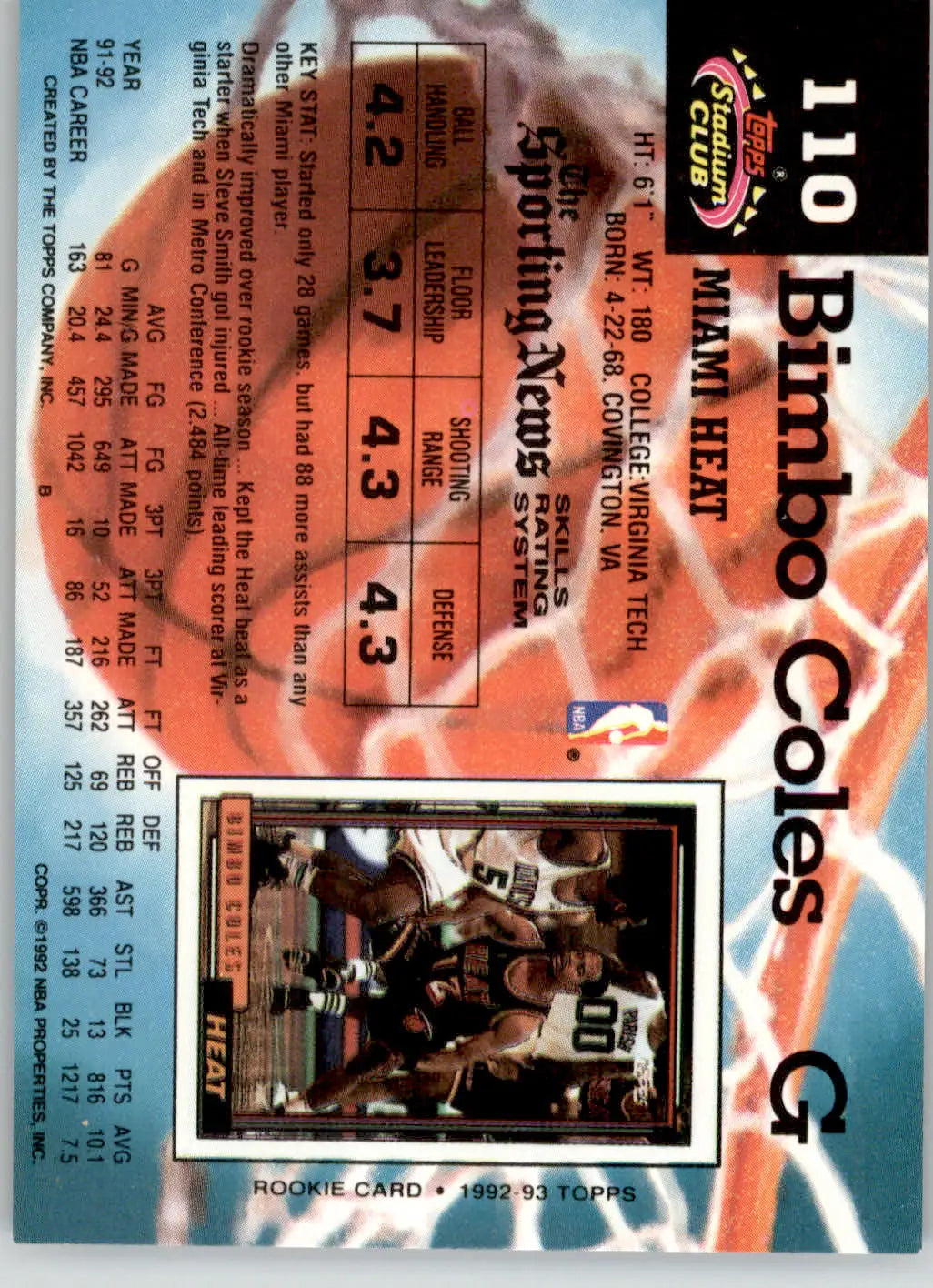 Bimbo Coles - 1992-93 Stadium Club - #110 - Basketball - Basketball Card Single