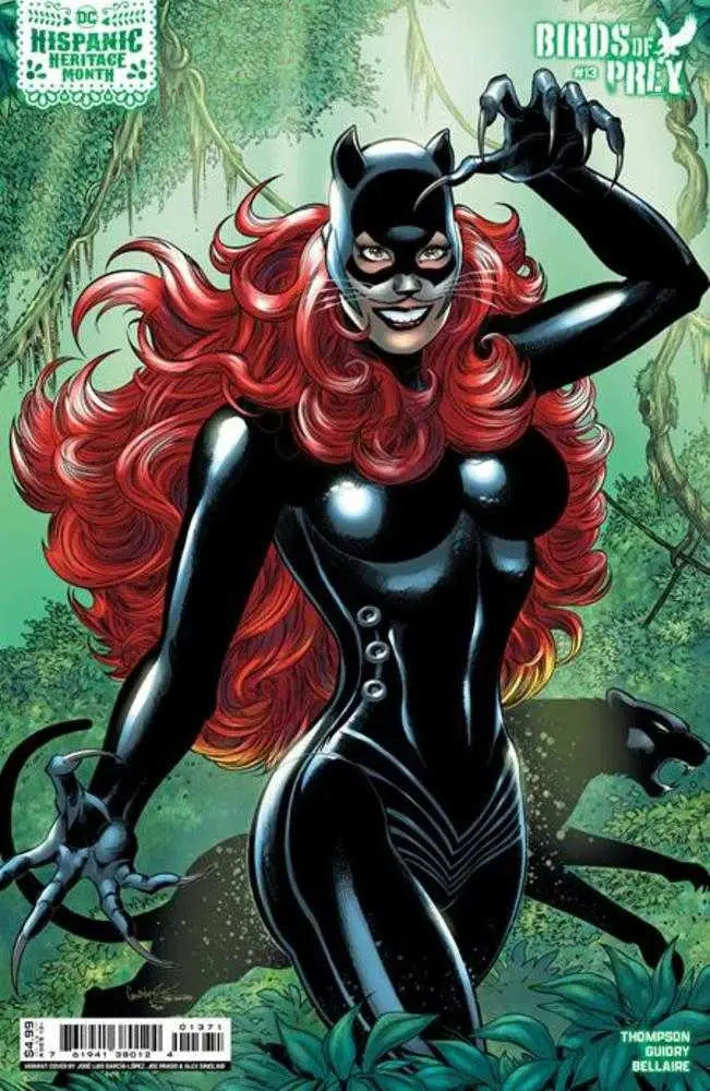Comic book artwork of Batgirl in black costume with red hair, heritage month card stock