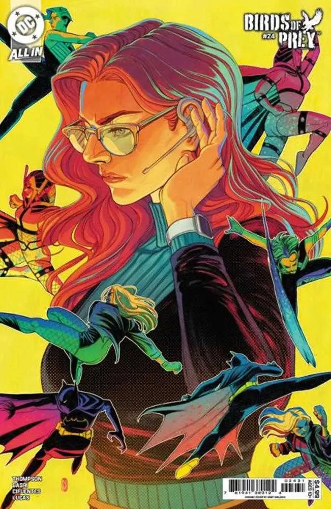 Comic book cover B Nimit Malavia card stock featuring red-haired woman with glasses and superheroes