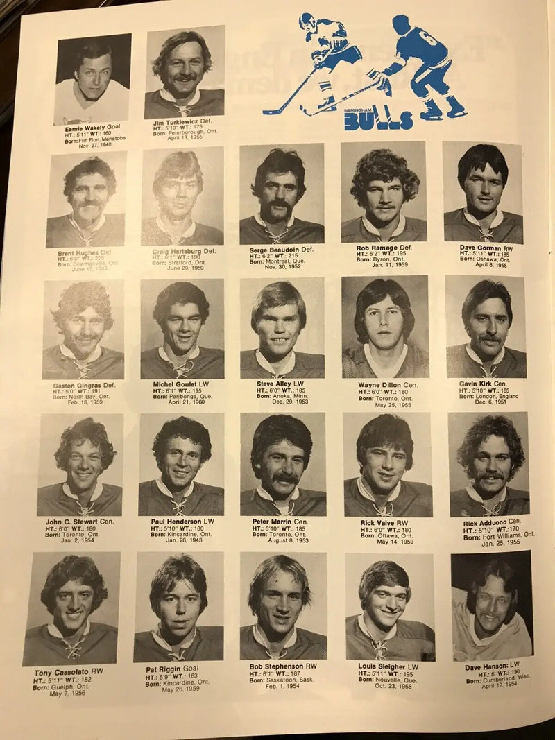 Vintage Birmingham Bulls hockey team roster featuring Louis Sleigher and Scott Campbell