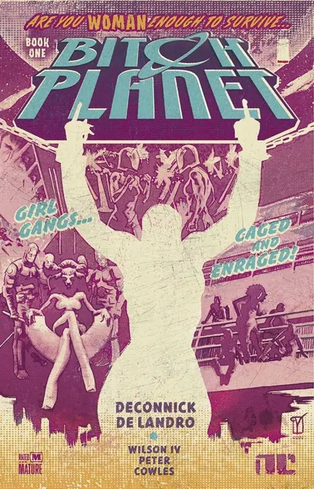 Bitch Planet TPB Volume 01 cover in retro purple and pink design with silhouetted figure