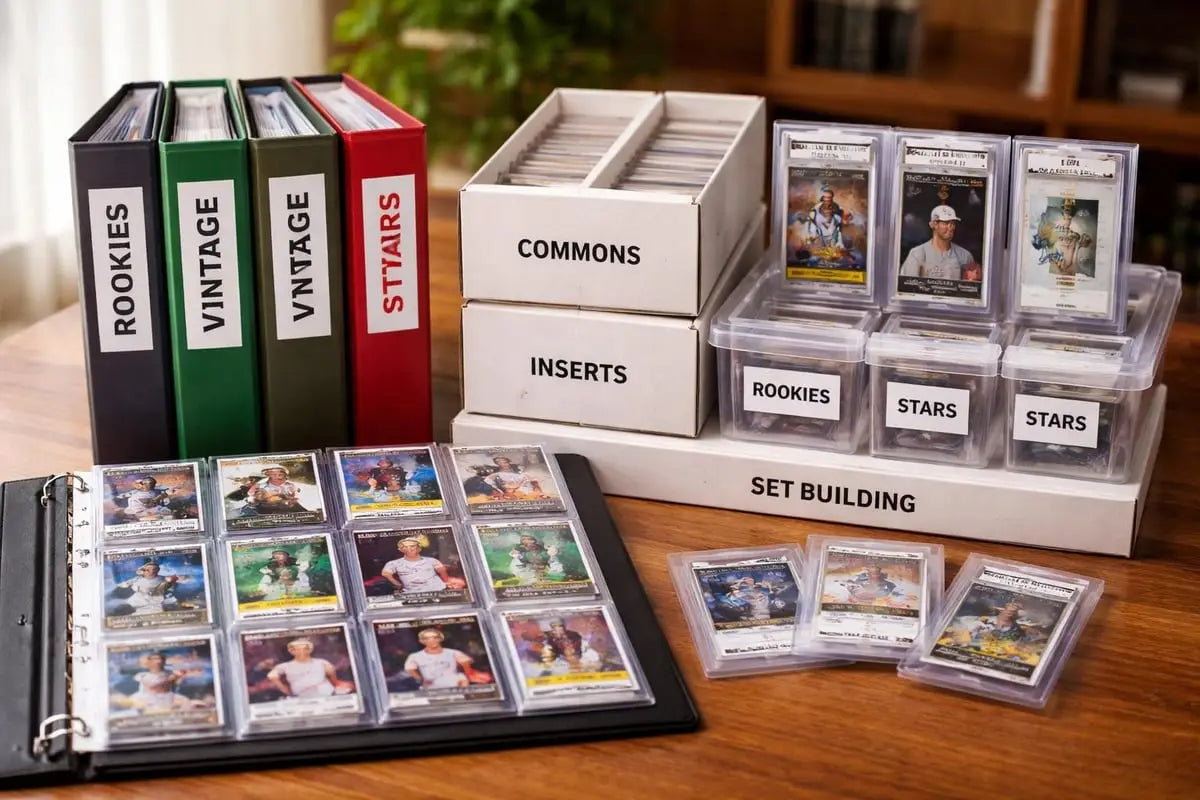 Black baseball card binder with clear pages holding trading cards