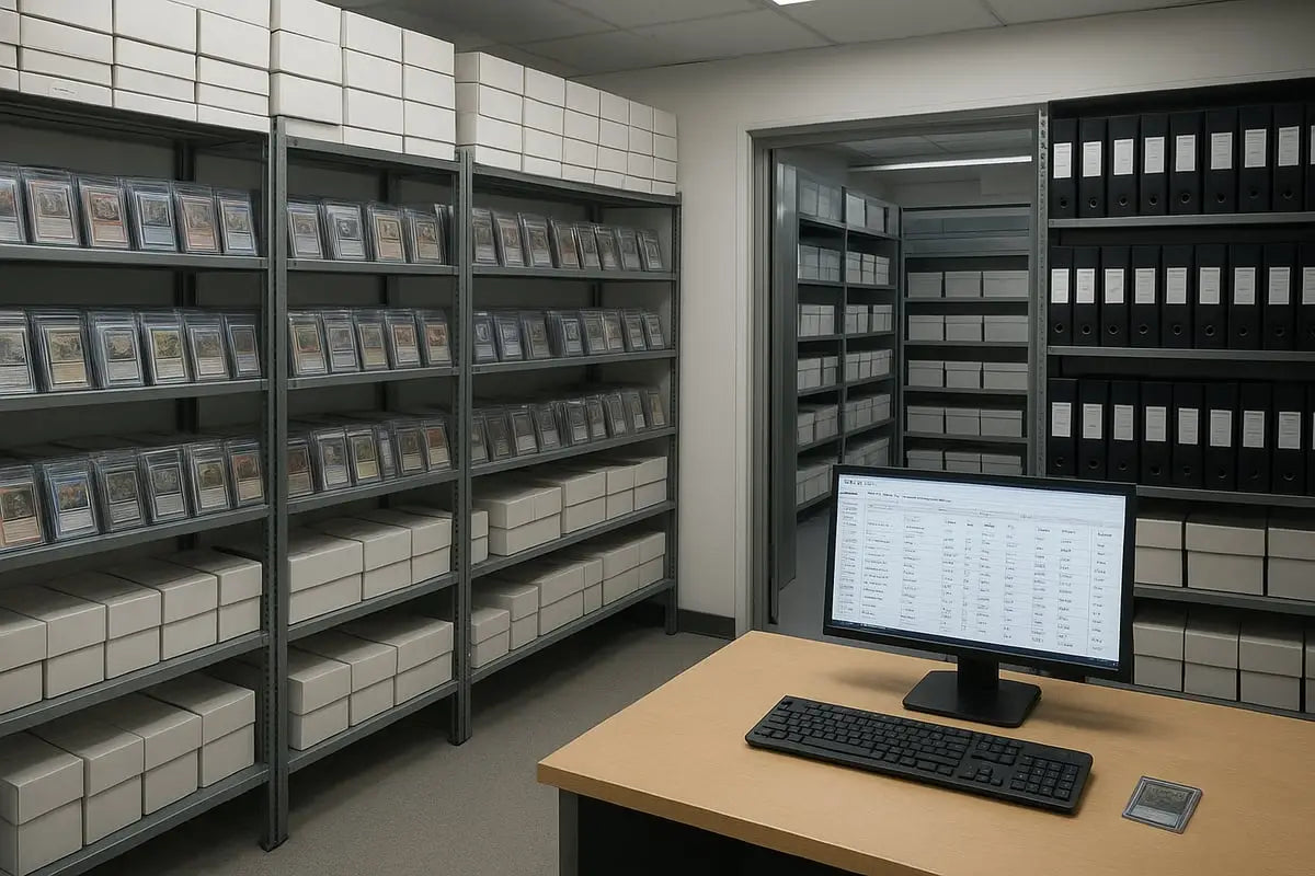 Black monitor showing spreadsheet in card shop trading setup on wooden desk