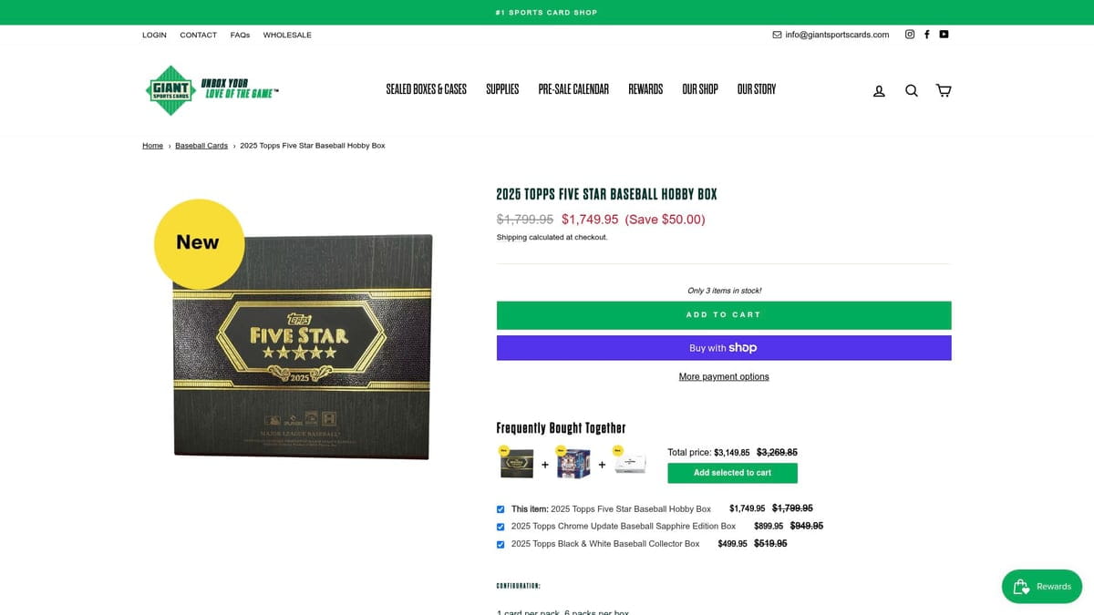 Black and gold 2025 Topps five star baseball hobby box with hexagonal logo
