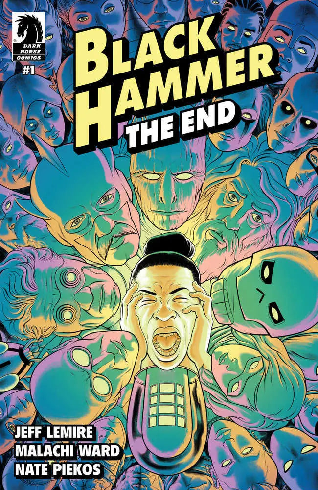 Comic book cover of Black Hammer: The End #1 by Malachi Ward with surreal faces