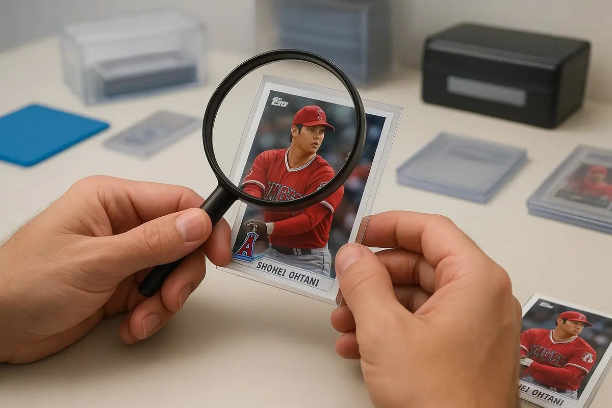 Shohei Ohtani rookie card under black-handled magnifying glass