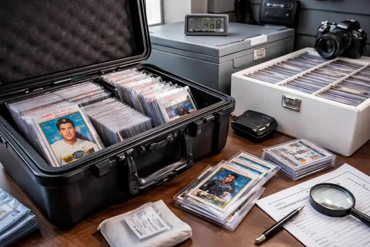 black hard-shell case filled with rickey henderson rookie cards in protective sleeves for safe baseball card storage and value preservation