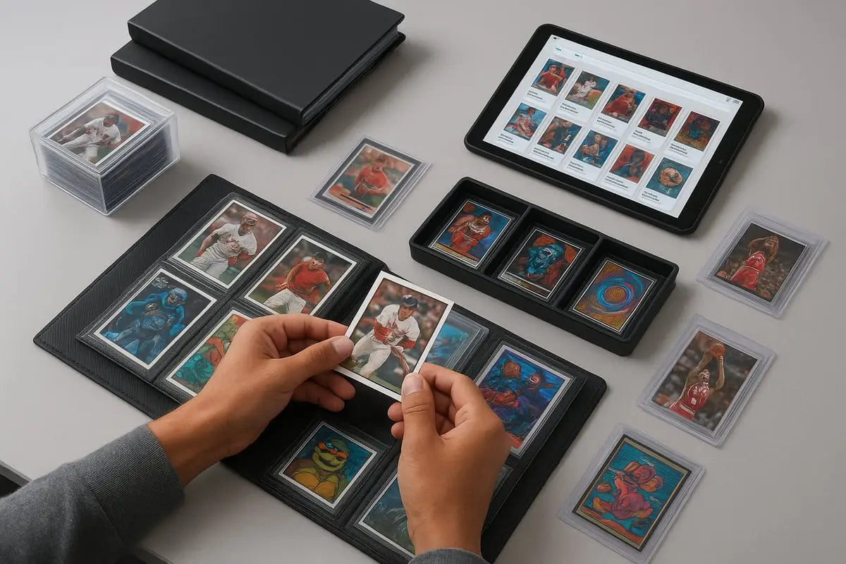 Black leather trading card album with protective sleeves at card shows