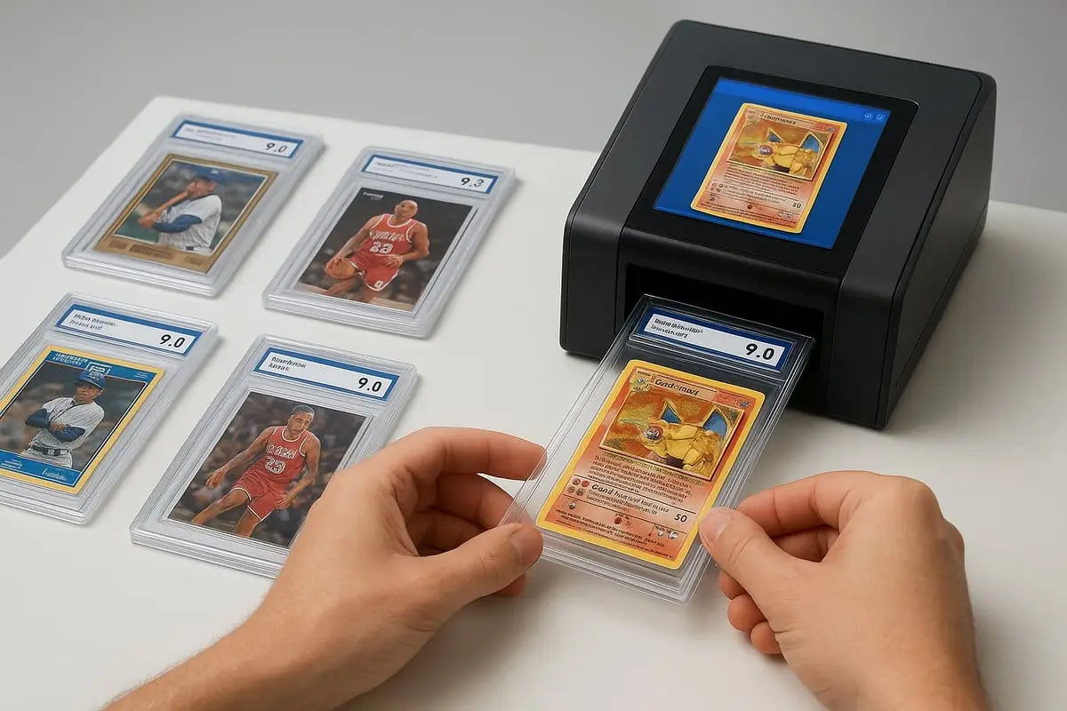 Black Pokémon card scanner displaying yellow Charizard at trading card shows