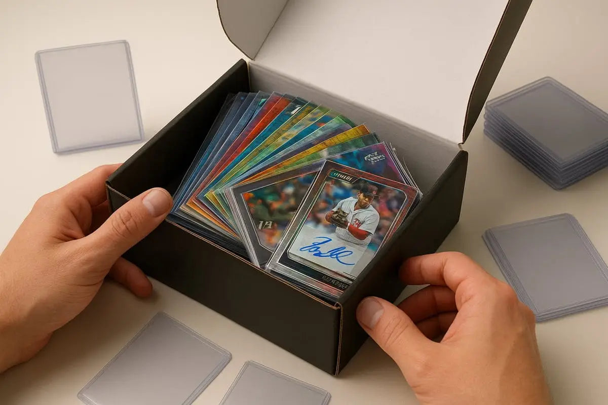 Colorful hobby box of autographed trading cards with team logos for collectors