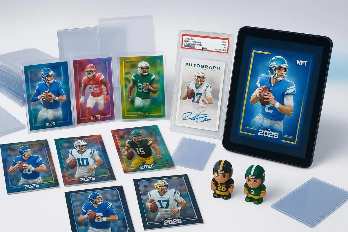Black tablet showing blue-framed NFL trading card of 2026 football player