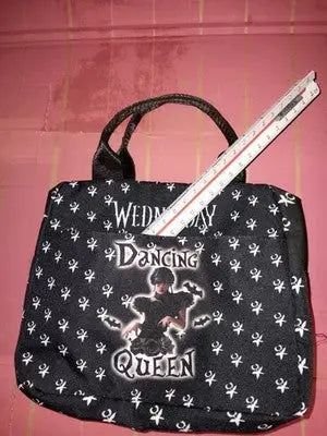 Black Wednesday Addams Themed Lunch Bag with a ’Dancing Queen’ Graphic Netflix - Collectibles