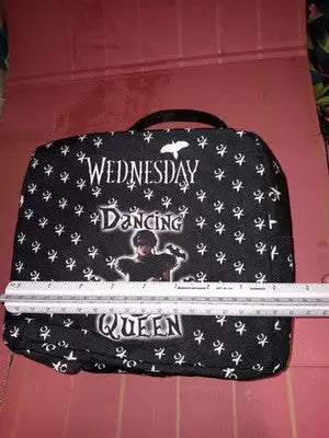 Black Wednesday Addams Themed Lunch Bag with a ’Dancing Queen’ Graphic Netflix - Collectibles
