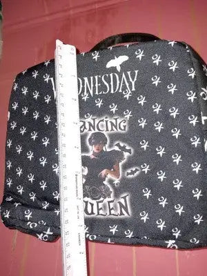Black Wednesday Addams Themed Lunch Bag with a ’Dancing Queen’ Graphic Netflix - Collectibles