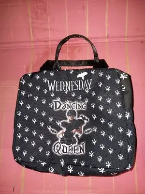 Black Wednesday Addams Themed Lunch Bag with a ’Dancing Queen’ Graphic Netflix - Collectibles