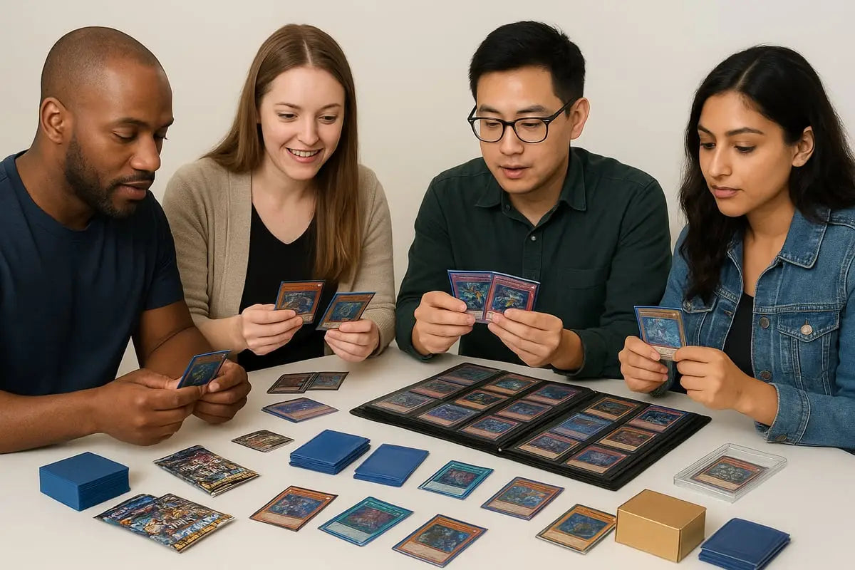 Black Yu-Gi-Oh! card album with blue gold sleeves on white table