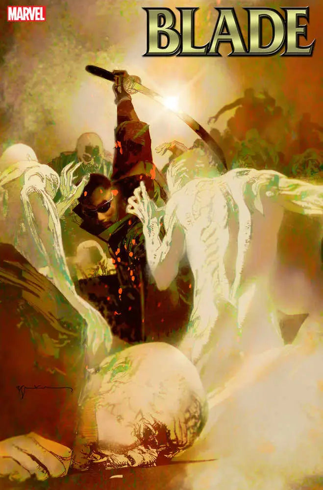 Dynamic cover art of Blade vs ghostly forms for trading cards by Bill Sienkiewicz