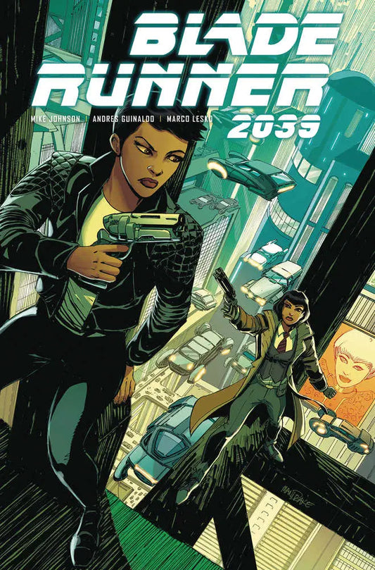 Blade Runner 2039 comic cover art featuring a character with a gun in a cyberpunk cityscape