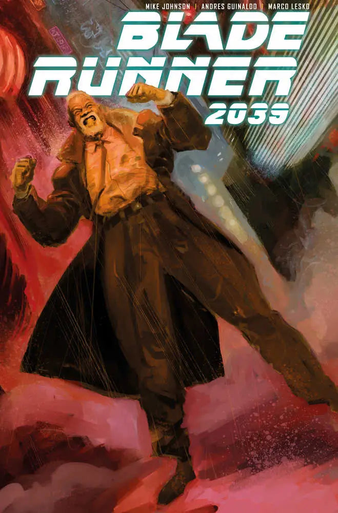 Dramatic Blade Runner 2039 comic cover art featuring a figure in a neon-lit atmosphere