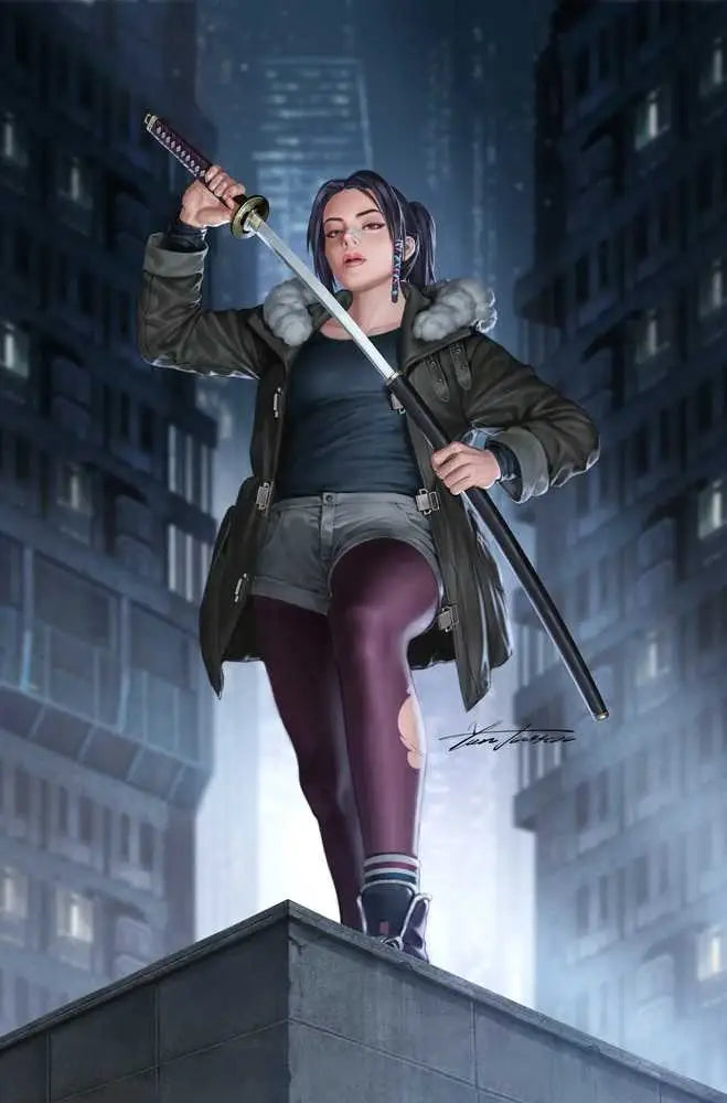 Military figure in winter coat with dual swords for Blade Runner Black Lotus trading cards
