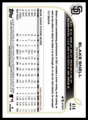 Blake Snell 2022 Topps #414 San Diego Padres - Baseball Card Single