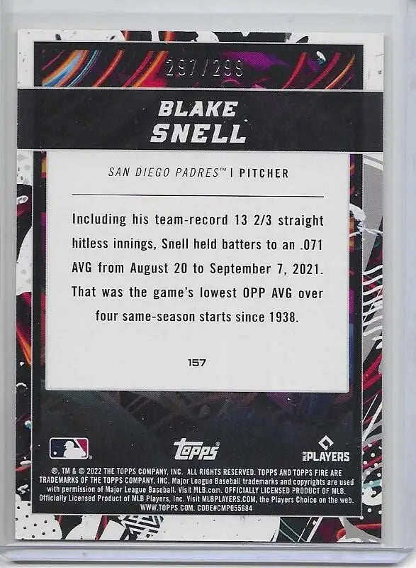 BLAKE SNELL 2022 TOPPS FIRE ORANGE 065/299 PADRES #157 (003)