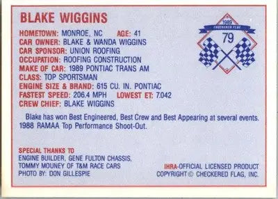 Blake Wiggins - 1989 Checkered Flag IHRA - #79 - Racing - Racing Card Single