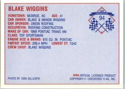 Blake Wiggins - 1989 Checkered Flag IHRA - #94 - Racing - Racing Card Single