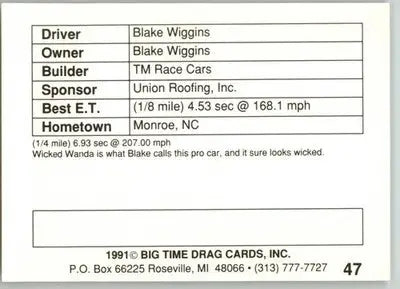 Blake Wiggins - 1991 Big Time Drag - #47 - Racing - Racing Card Single