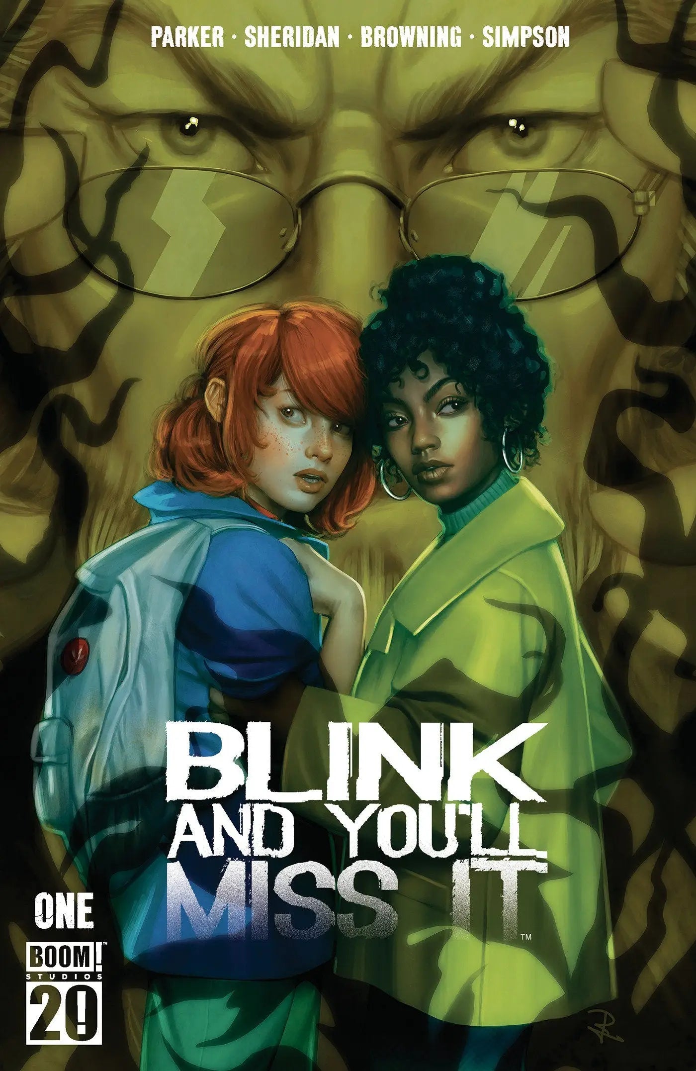 Comic book featuring two young women and shadowy figure in Boom 20th Anniversary variant
